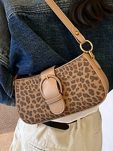 Vintage leopard print shoulder bag for women with gold ring buckle and adjustable strap
