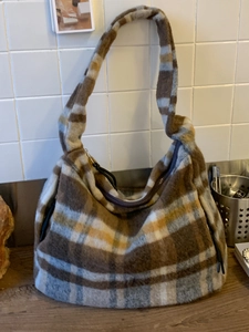 Women Fashion Large Capacity Woolen Tote Bag Retro Plaid Leopard Underarm Shoulder Bag Autumn Winter Casual Hobo Bag