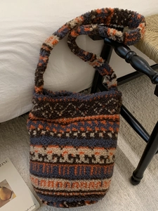 Sac fourre-tout en polaire à motif géométrique jacquard ethnique avec bandoulière large