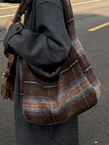 Large plaid wool tote bag for women featuring a retro brown and blue checkered pattern