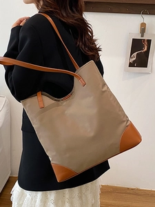 Minimalist large tote bag in khaki and brown patchwork for women's daily commute fashion