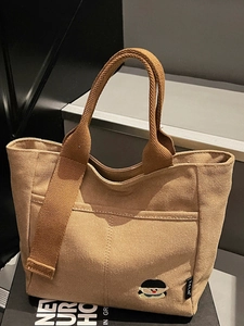 Sac fourre-tout en toile kaki avec broderie de dessin animé et intérieur spacieux