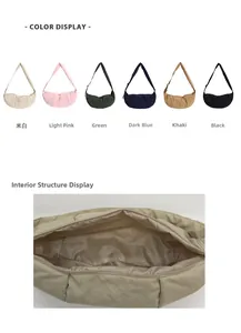 Detailed interior of nylon dumpling bag with six available colors like beige and black