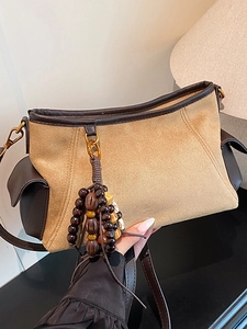 Women Vintage Bohemian PU Suede Texture Shoulder Bag Fashion Commuting Crossbody Bag Beaded Tassel Underarm Bag Square Satchel