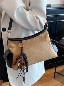 Chic 2025 autumn suede shoulder bag with wood bead tassels and contrast brown trim
