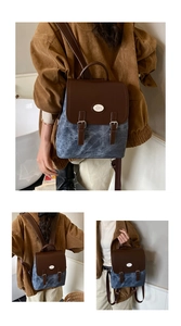 Detailsicht des Vintage-Patchwork-Rucksacks aus braunem Leder und blauem Denim mit Trägern