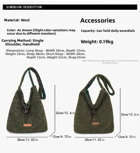 Detailed size chart showing olive green fuzzy shoulder bag dimensions and strap lengths