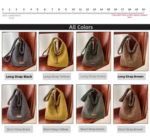 Detail view of large fuzzy shoulder bags in four colors with long and short straps