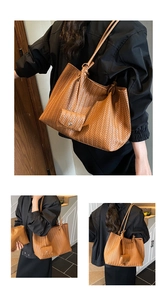Detail shot of caramel brown woven tote bag featuring fine cross-weave texture and small pouch