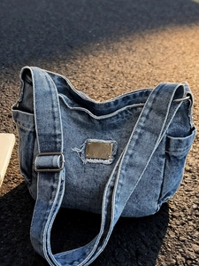 Retro Washed Denim Shoulder Bag For Women Y2K Style Adjustable Strap Metal Decor Crossbody Handbag Casual Daily Student Tote