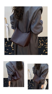 Detail of dark brown lychee pattern leather shoulder bag with silver metal adjustment buckle