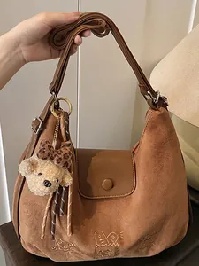Brown suede hobo shoulder bag with cute cartoon embroidery and bear charm pendant