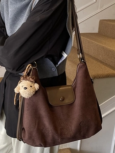 Vintage dark brown faux suede large hobo bag with cartoon embossing and plush charm