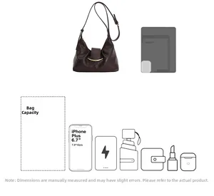 Capacité interne du sac hobo en cuir marron montrant l'espace pour téléphone et objets