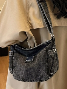 Retro washed black denim crescent crossbody bag with adjustable wide shoulder strap