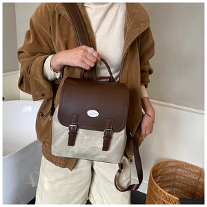 Detail eines Vintage-Rucksacks mit brauner Lederklappe und modischem ovalem Metall-Cartoon-Logo
