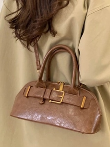 Retro brown leather handbag with metal buckle and adjustable shoulder strap for women