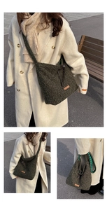 Detail of green fleece crossbody bag featuring a leather drawstring and plaid lining