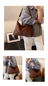 Gros plan détaillé du sac hobo en daim marron avec logo MKMX et large bandoulière souple