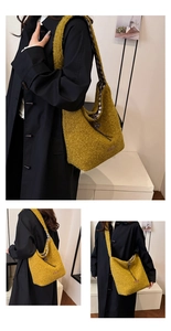 Detail of plush mustard yellow tote bag featuring drawstring closure and soft fleece texture
