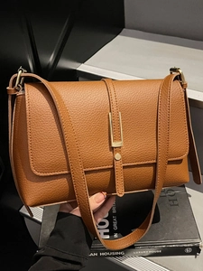 Korean Vintage PU Leather Shoulder Bag For Women Minimalist Litchi Texture Crossbody Square Bag With Gold Metal Buckle Daily Fashion Handbag