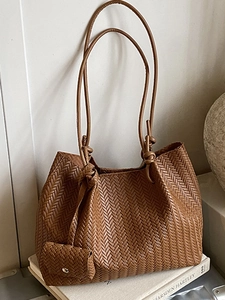 Women Large Capacity Woven Tote Bag Urban Minimalist PU Leather Shoulder Bag With Matching Pouch Korean Fashion Handbag