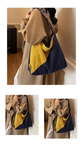 Detail of color-block corduroy tote bag with ethnic jacquard woven shoulder strap