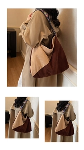 Detail of corduroy tote bag with ethnic style shoulder strap and color-block design
