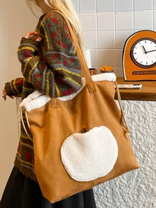 Borsa tote retrò in pelle scamosciata marrone con ricamo mela bianca e coulisse