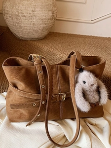 Women Retro Frosted PU Suede Look Large Capacity Tote Bag Urban Minimalist Shoulder Handbag With Plush Rabbit Pendant