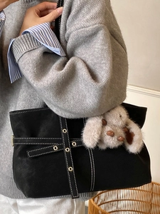 Large capacity black suede tote bag with contrast stitching and rabbit plush pendant