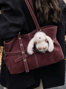Retro burgundy suede tote bag with contrast stitching and plush bunny keychain