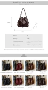 Detailed view of brown PU leather bucket bag with dimensions 28x26x11cm and drawstring