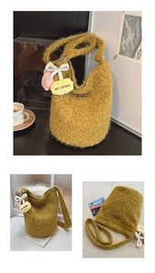 Detail of ginger plush bucket bag featuring soft faux fur texture and a creative pendant