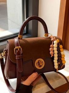 Women Retro Splicing PU Leather Small Square Handbag For Elegant Commute Shoulder Crossbody Bag With Wood Bead Decor