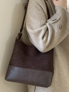 Vintage dark brown suede bucket bag with leather patchwork for autumn fashion women