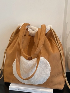 Sac Tote Vintage en Daim Synthétique et Patchwork de Peluche Grande Capacité pour Femmes Automne Hiver Sac à Épaule