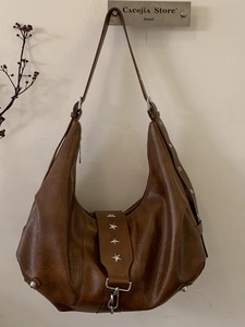 Brown leather hobo tote bag with silver star rivets and large capacity shoulder strap