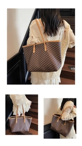 Detailed views of a dark brown tote bag featuring monogram patterns and slim shoulder straps