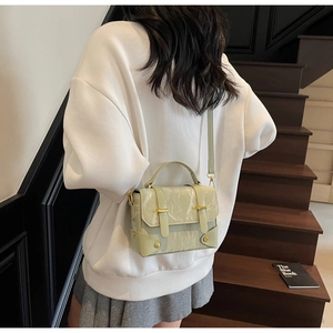 Detail of light green marble texture crossbody bag with elegant golden buckles