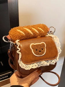 Cute Bear Plush Bread Handle PU Leather Shoulder Bag For Women Sweet Lace Trim Mini Crossbody Handbag Daily Fashion Bag