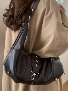 Vintage dark brown large hobo tote bag in soft synthetic leather with star studs