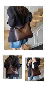 Detailed views of dark brown tote bag showing capacity, rivets, and stylish fit on model