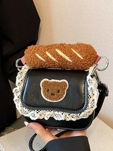 Mini black crossbody bag with white lace trim and brown plush bear embroidery details