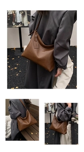 Close-up of brown matte leather hobo bag showing adjustable strap and texture details