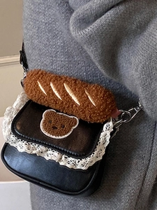 Mini black leather crossbody bag with lace trim and teddy bear patch for sweet style