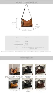 Detailed size chart and color options for large capacity retro faux leather shoulder bag