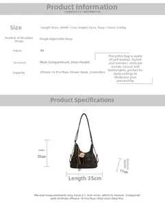 Detailed size chart of vintage brown PU leather tote with 35x11x25cm dimensions