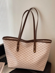 Large Capacity Monogram Print Tote Bag For Women PU Leather Shoulder Bag Stylish Commuting Top Handle Handbag