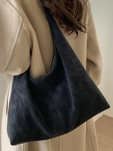 Retro black suede hobo bag for women featuring a minimalist large capacity tote design
